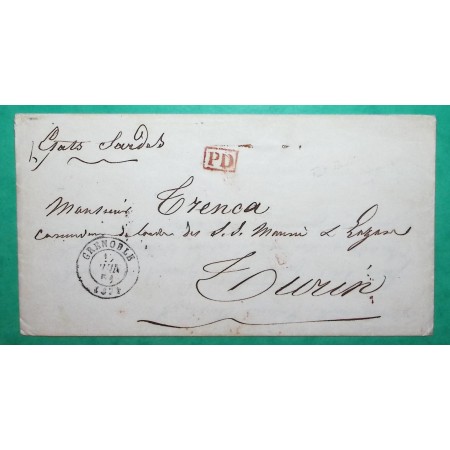 CAD TYPE 15 GRENOBLE ISERE POUR TURIN TORINO ITALIE ITALIA 1851 LETTRE COVER FRANCE