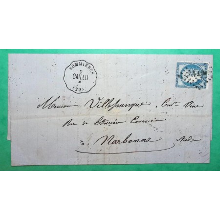 N°60A CONVOYEUR STATION SOMMIERES LIGNE GAN.LU GANGES A LUNEL GARD POUR NARBONNE AUDE 1873 LETTRE COVER FRANCE