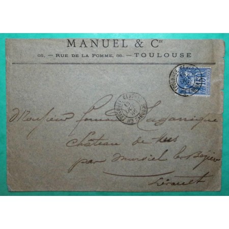 N°90 SAGE CAD TYPE 18 TOULOUSE CENTRAL HAUTE GARONNE POUR MURVIEL LES BEZIERS HERAULT 1886 LETTRE COVER FRANCE