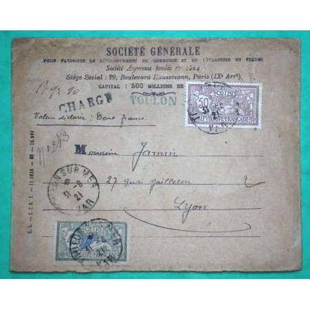 N°120 + 143 MERSON LETTRE CHARGE SOCIETE GENERALE TOULON VAR POUR LYON RHONE 1921 LETTRE COVER FRANCE