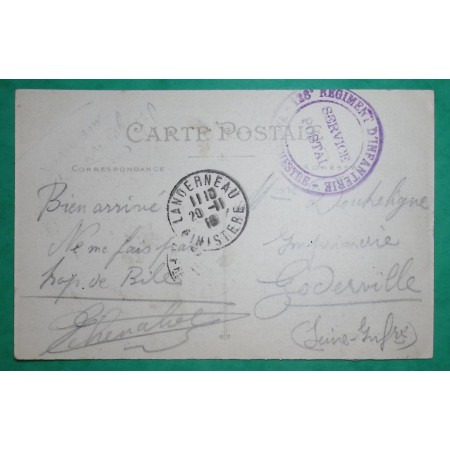 FRANCHISE MILITAIRE FM 128ème REGIMENT D'INFANTERIE LANDERNEAU FINISTERE CARTE POSTALE POUR GODERVILLE 1916 WW1 FRANCE
