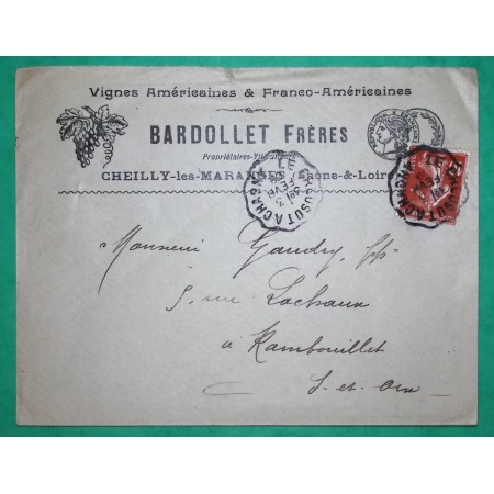 N°138 SEMEUSE CONVOYEUR LIGNE LE CREUSOT A CHAGNY BELLE ENVELOPPE PUB BARDOLLET CHEILLY LES MARANGES VIN RAISIN 1909