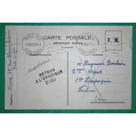 FRANCHISE MILITAIRE FM CARTE POSTALE INADMIS RETOUR ENVOYEUR P100 POUR TOULON VAR 1940 LETTRE COVER FRANCE