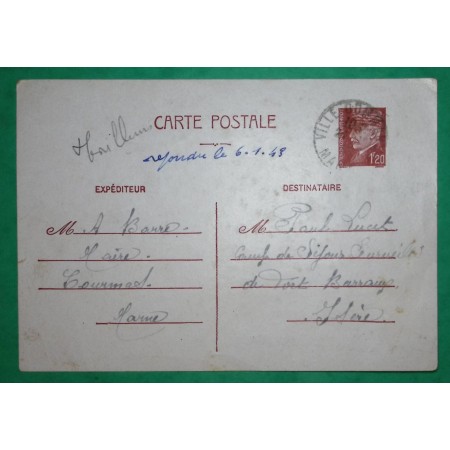 ENTIER PETAIN 1F20 CARTE POSTALE VILLE COURMAS POUR CAMP D'INTERNEMENT DE FORT BARRAUX ISERE 1942 LETTRE COVER FRANCE