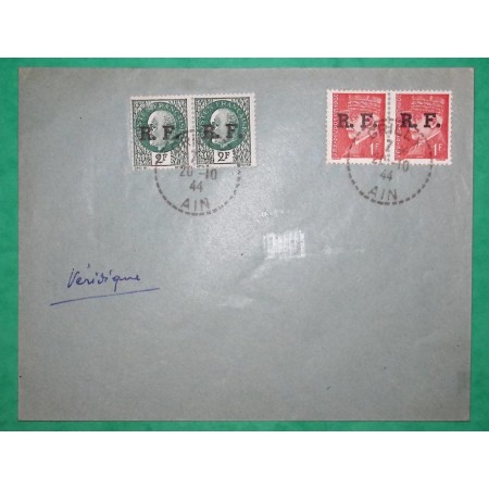 N°514 + 518 PAIRE PETAIN SURCHARGE RF GRILLY AIN 1944 WW2 LETTRE COVER FRANCE