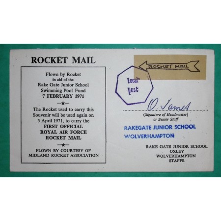 ROCKET MAIL LOCAL POST RAKEGATE JUNIOR SCHOOL WOLVERHAMPTON ENGLAND 1971 COVER