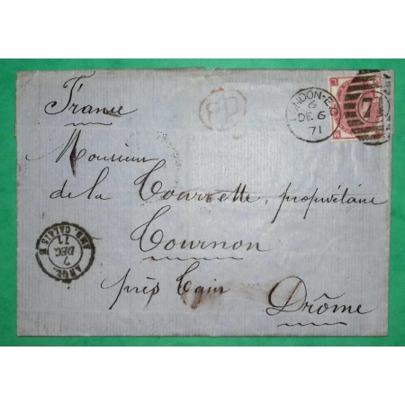 THREE PENCE VICTORIA LONDON LONDRES CACHET ENTREE AMB.CALAIS POUR TOURNON DROME FRANCE 1871 COVER
