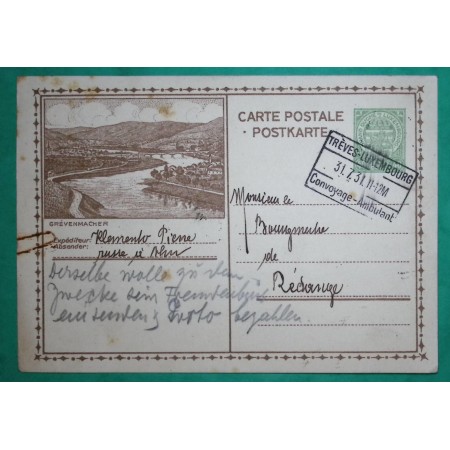 ENTIER 40C VERT LUXEMBOURG CONVOYAGE AMBULANT TREVES LUXEMBOURG CARTE POSTALE POUR REDANGE 1931 COVER