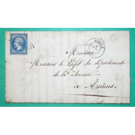N°14B PC 178 AUMALE SEINE INFERIEURE BOITE RURALE T ORIVAL + CACHET FISCAL 35C POUR AMIENS SOMME 1862 COVER FRANCE