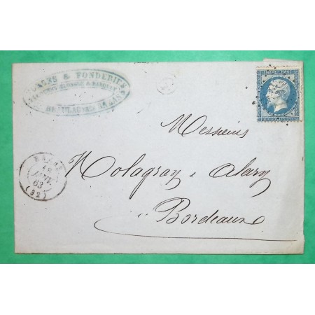 N°22 GC 361 BAZAS GIRONDE BOITE RURALE G BEAULAC POUR BORDEAUX 1863 LETTRE COVER FRANCE