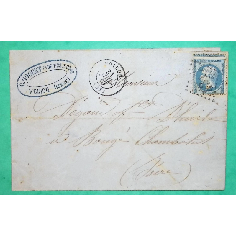 N°22 VARIETE PIQUAGE A CHEVAL GC 4317 VOIRON ISERE BELLE FACTURE POUR BOUGE CHAMBALUD 1867 LETTRE COVER FRANCE
