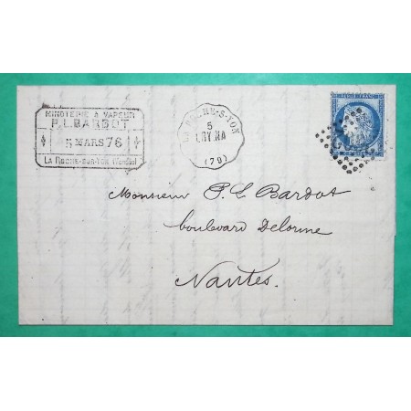 N°60A CONVOYEUR STATION LA ROCHE SUR YON LIGNE LRY.NA VENDEE POUR NANTES LOIRE INFERIEURE 1876 LETTRE COVER FRANCE