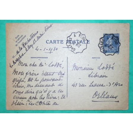ENTIER SEMEUSE 40C OUTREMER CONVOYEUR LIGNE ORLEANS A BLOIS DEPART CLERY ST ANDRE LOIRET POUR ORLEANS 1934 FRANCE