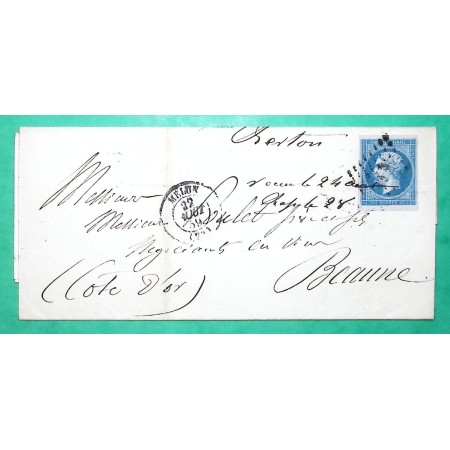N°14A TB VARIETE IMPRESSION DEFECTUEUSE PC 1954 MELUN SEINE ET MARNE POUR BEAUNE COTE D'OR 1859 LETTRE COVER FRANCE