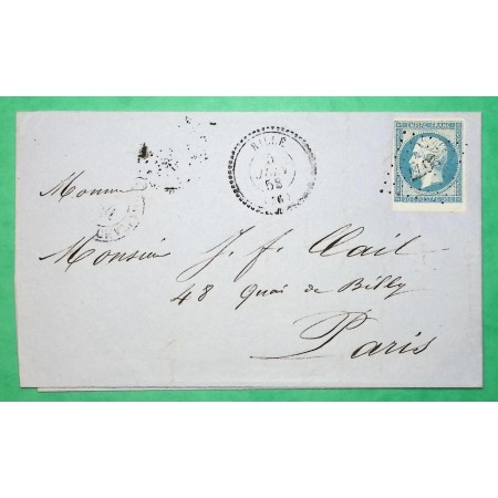 N°14 BDF PC 2677 CAD TYPE 22 RILLE INDRE ET LOIRE POUR PARIS 1858 LETTRE COVER FRANCE