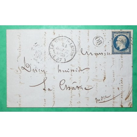 N°14 PC 1433 CAD TYPE 14 LE GRAND LEMPS ISERE INDICE 16 OR ORIGINE RURALE FORGES BONPERTUIS POUR LA CHATRE 1855 FRANCE