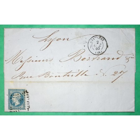 N°14 PC 4206 CHAMBERY SAVOIE 2ème JOUR UTILISATION TIMBRE FRANCAIS 2 OCTOBRE 1860 POUR LYON RHONE LETTRE COVER FRANCE