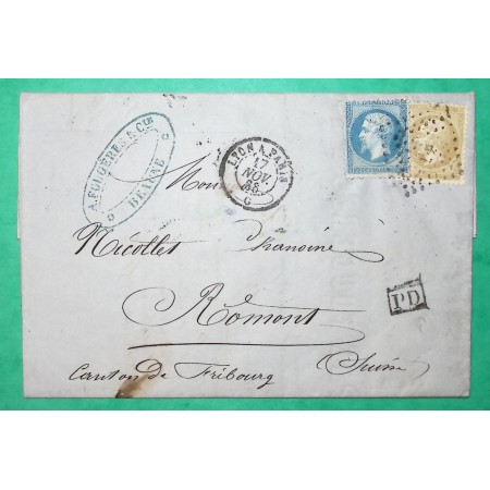 N°21 + 22 AMBULANT NUIT LYON A PARIS TARIF 30C POUR ROMONT SUISSE 1868 LETTRE COVER FRANCE