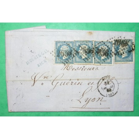 N°22 x4 GC 2656 NICE ALPES MARITIMES TARIF 80C POUR LYON RHONE 1864 LETTRE COVER FRANCE