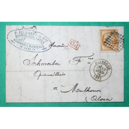 N°38 PC DU GC 2272 MAUBEUGE NORD POUR MULHOUSE ALSACE LORRAINE 1875 LETTRE COVER FRANCE