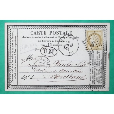 N°55 CARTE PRECURSEUR CONVOYEUR STATION ST ASTIER DORDOGNE LIGNE PER.Bx INDICE 17 BM BOITE MOBILE POUR BORDEAUX 1875
