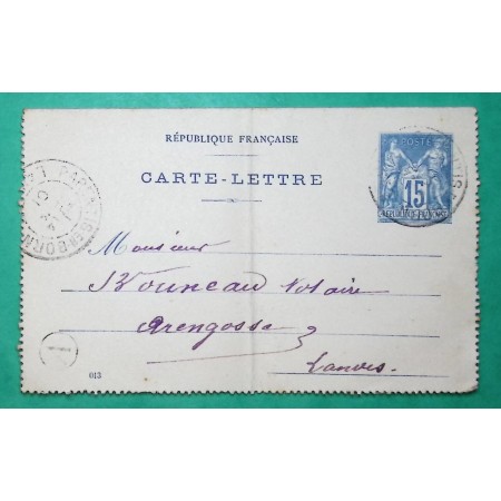 ENTIER SAGE 15C CARTE LETTRE CAD TYPE A PARENTIS EN BORN LANDES BOITE RURALE A GASTES POUR ARENGOSSE 1901 COVER FRANCE