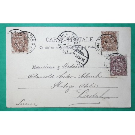 N°108 + 110 x2 BLANC CARTE POSTALE PARIS TARIF 10C POUR LIESTAL SUISSE 1901 LETTRE COVER FRANCE