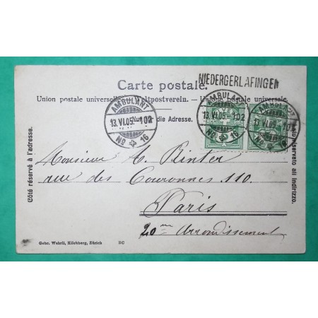 5C HELVETIA PAIRE AMBULANT SUISSE N°16 GRIFFE NIEDERGERLAFINGEN CARTE POSTALE SOLOTHURN SOLEURE POUR PARIS FRANCE 1905 COVER