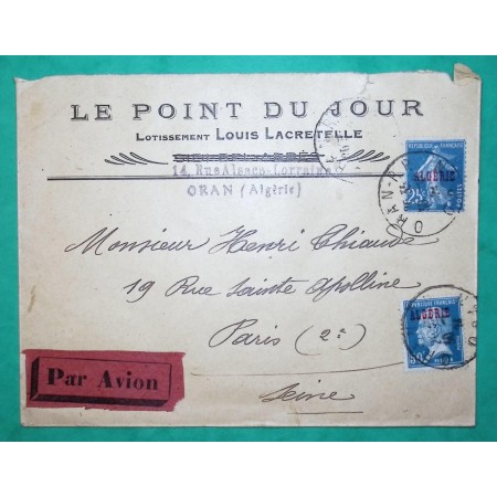 N°140 + 176 SEMEUSE PASTEUR SURCHARGE ALGERIE LETTRE PAR AVION ORAN POUR PARIS COVER FRANCE