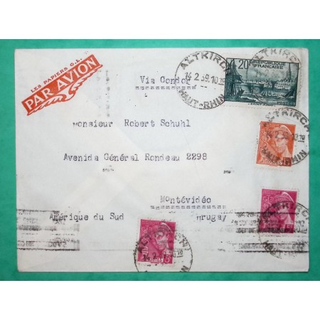 N°394 + 406 + 408 MIXTE MERCURE PORT ST MALO LETTRE PAR AVION ALTKIRCH HAUT RHIN POUR MONTEVIDEO URUGUAY 1939 FRANCE