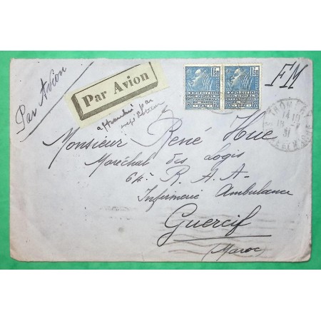 N°273 PAIRE FEMME FACCHI FM + TAXE AVION THOMERY SEINE ET MARNE POUR GUERCIF MAROC 1931 COVER FRANCE