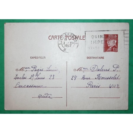 ENTIER PETAIN 1F20 FLIER QUINZAINE IMPERIALE CARCASSONNE AUDE POUR PARIS 1942 LETTRE COVER FRANCE