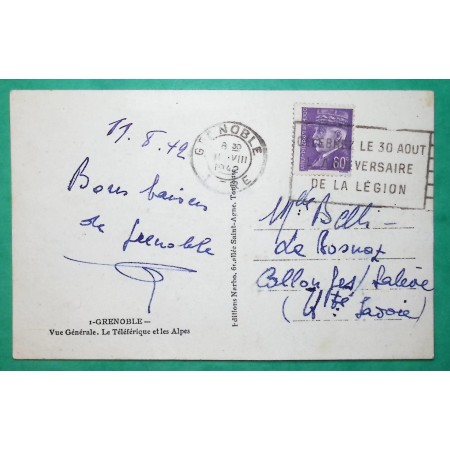 N°509 PETAIN HOURRIEZ FLIER ANNIVERSAIRE DE LA LEGION GRENOBLE ISERE CARTE POSTALE POUR COLLONGES SOUS SALEVE 1942