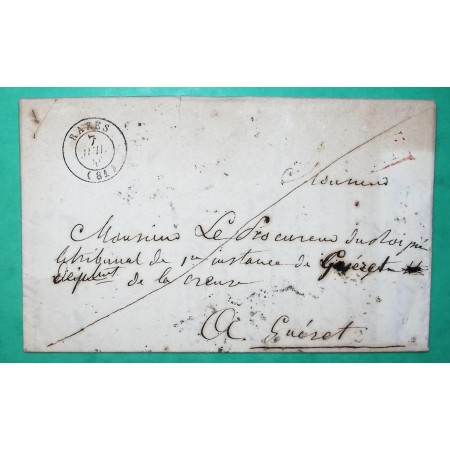 CAD TYPE 15 RAZES HAUTE VIENNE PP PORT PAYE POUR GUERET CREUSE 1846 LETTRE COVER FRANCE