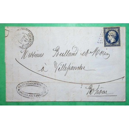 N°14 BLEU NOIR PC 1005 COURTIVRON COTE D'OR CAD TYPE 22 POUR VILLEFRANCHE SUR SAONE 1856 LETTRE COVER FRANCE
