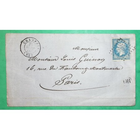 N°14 PC 716 CHAMPEIX PUY DE DOME OR ORIGINE RURALE NON IDENTIFIEE POUR PARIS 1860 LETTRE COVER FRANCE