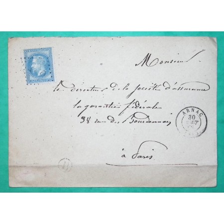 N°29 GC 169 ARNAC LA POSTE HAUTE VIENNE POUR PARIS 1868 LETTRE COVER FRANCE