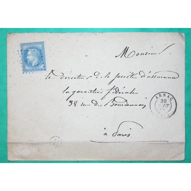 N°29 GC 169 ARNAC LA POSTE HAUTE VIENNE POUR PARIS 1868 LETTRE COVER FRANCE