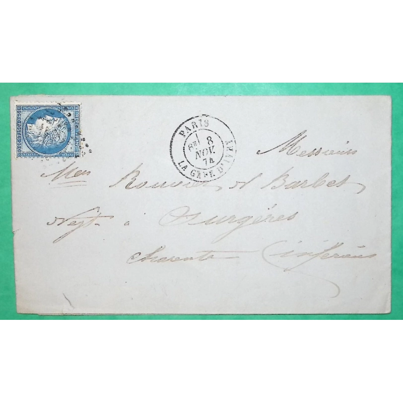 N°60C CAD PARIS LA GARE D'IVRY POUR SURGERES CHARENTE INFERIEURE 1874 COVER FRANCE