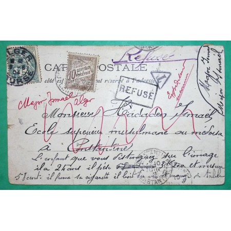 N°111 BLANC CARTE POSTALE PRINCE COLIBRI ALGER ALGERIE POUR CONSTANTINE TAXE DUVAL 10C REFUSE 1904 LETTRE COVER FRANCE