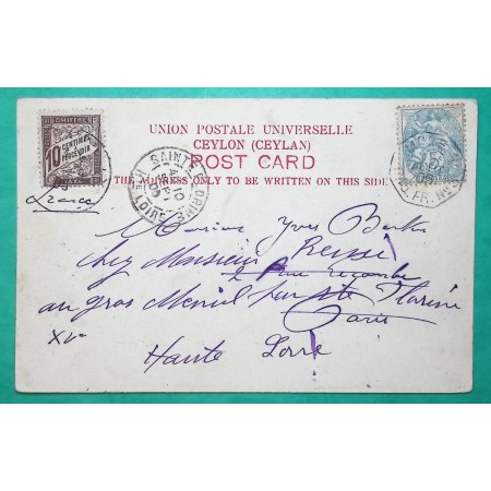N°111 BLANC CACHET MARITIME LIGNE N PAQ. FR. N°5 CARTE POSTALE CEYLAN CEYLON HAIR DRESSER COIFFEUR TAXE DUVAL 10C 1905