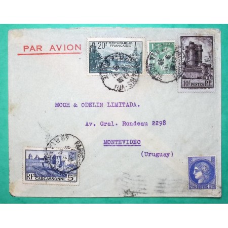 N°374 + 392 + 393 + 394 + 432 MIXTE CERES CARCASSONNE VINCENNES ST MALO IRIS LETTRE PAR AVION POUR MONTEVIDEO URUGUAY
