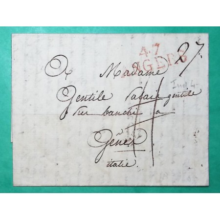 MARQUE 47 ANGERS MAINE ET LOIRE ROUGE POUR GENES GENOVA ITALIE ITALIA 32x11.5 1815 LETTRE COVER FRANCE