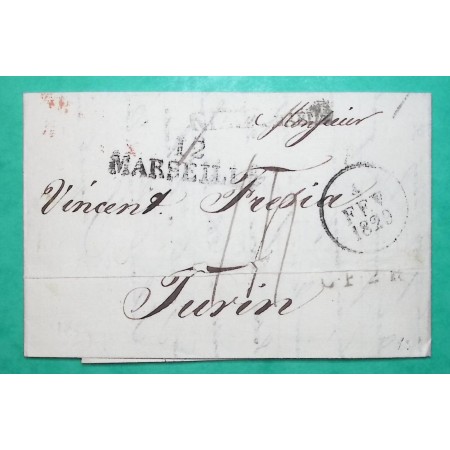 MARQUE 12 MARSEILLE BOUCHES DU RHONE POUR TURIN TORINO ITALIE ITALIA TRANSIT NICE NIZZA 40x11 1829 LETTRE COVER FRANCE