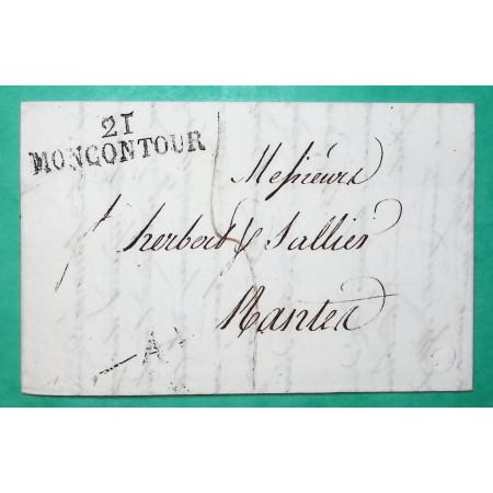 MARQUE 21 MONCONTOUR COTES DU NORD POUR NANTES LOIRE INFERIEURE 41x10 1821 LETTRE COVER FRANCE