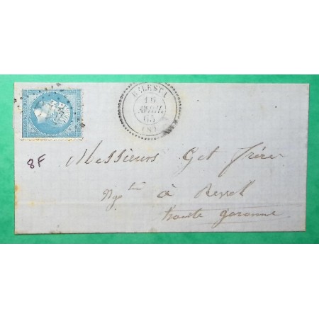 N°22 GC 419 CAD TYPE 22 BELESTA ARIEGE POUR REVEL HAUTE GARONNE 1865 LETTRE COVER FRANCE