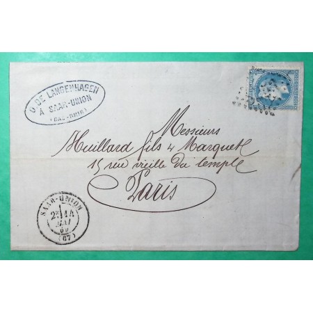 N°29 GC 3253 SAAR UNION BAS RHIN POUR PARIS 1869 LETTRE COVER FRANCE