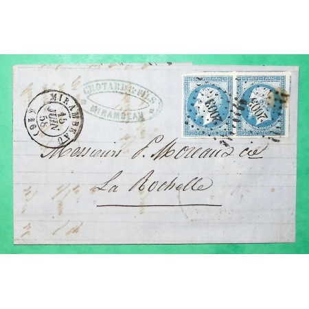N°14 PAIRE PC 2003 MIRAMBEAU CHARENTE INFERIEURE DOUBLE PORT POUR LA ROCHELLE 1858 LETTRE COVER FRANCE