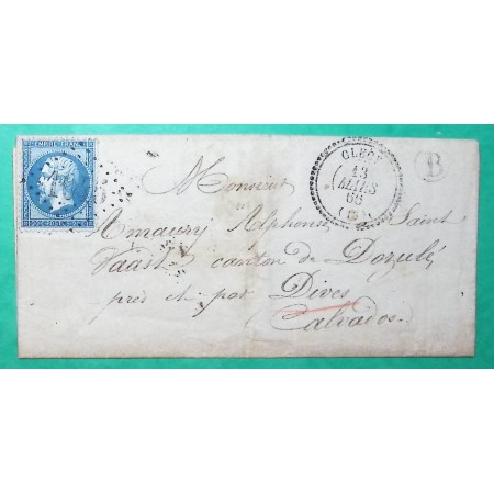 N°22 GC 1045 CAD TYPE 22 CLECY CALVADOS BOITE RURALE B BUREAU DE PASSE 2056 LISIEUX VERSO POUR DIVES 1866 COVER FRANCE