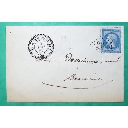 N°22 GC 3644 CAD TYPE 22 ST GERMER DE FLY OISE POUR BEAUVAIS OISE 1867 LETTRE COVER FRANCE
